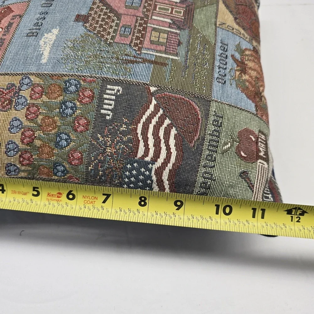 Vintage 90s Tapestry Bless Our Home Twelve Month Calendar Throw Pillow Navy Back
